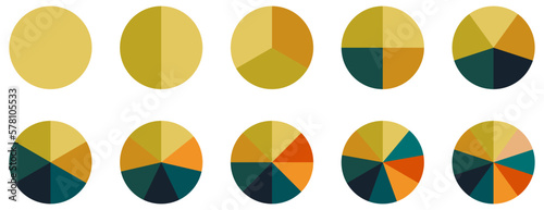 Circle pie chart set. Colorful diagram with 10 sections. Vector illustration isolated on white background