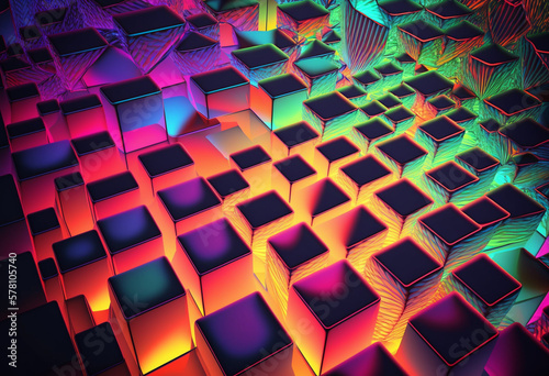 Ai-Generated Psychedelic Glowing Grid: A Vibrant, Colorful, Rainbow-Bright Neon Abstract Art Design of Illuminated Shapes, Colors, and Geometric Artwork