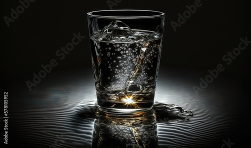  a glass of water with ice cubes on a reflective surface. generative ai