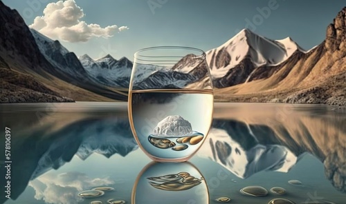  a glass of water with an iceberg in it and mountains in the background.  generative ai