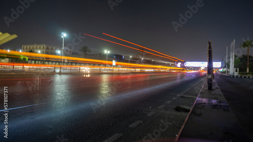 Abstract movement blur of car traffic with long exposure on Cairo street at night