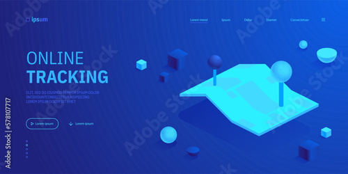 Folding map with geo tag marks icon. City map with marked route, taxi service, delivery to home or office, online tracking. Isometric vector illustration for visualization of business presentation