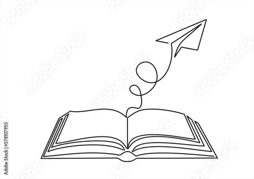 Continuous one line drawing of open book with flying paper plane. Vector illustration on white background.