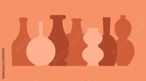 Boho ceramic vases. Colored vase amphora jar silhouette shapes, minimal pottery concept for posters. Vector flat illustration