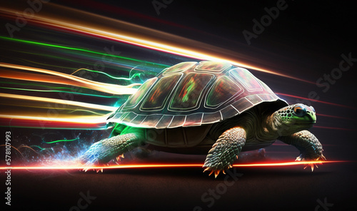 A turtle with a laser speed and a motion light trail. Generated By AI.