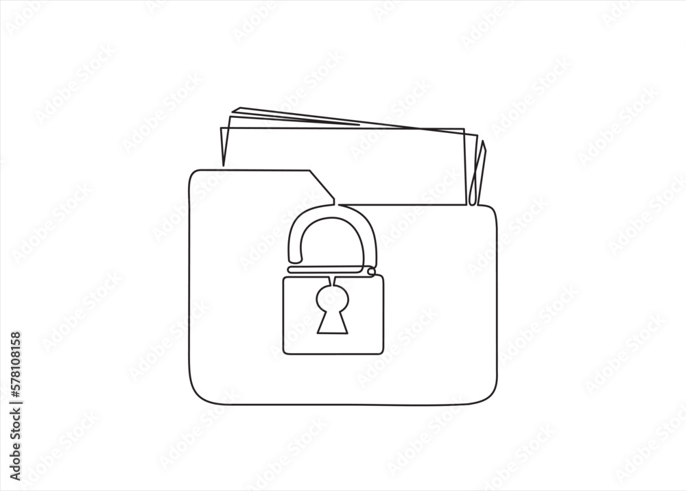 Continuous one line drawing of folder and padlock. Protected folder. Personal information, data, lock, password, pin code, file. Privacy concept. Continuous one line drawing of folder and padlock. Protected folder. Personal information, data, lock, password, pin code, file. Privacy concept.