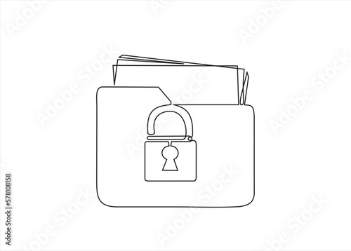 Continuous one line drawing of folder and padlock. Protected folder. Personal information, data, lock, password, pin code, file. Privacy concept. 