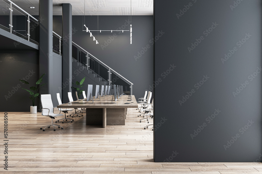 Blank black partition with place for advertising poster or logo in modern interior design spacious office hall with conference table, wooden floor and dark wall background. 3D rendering, mock up - obrazy, fototapety, plakaty 