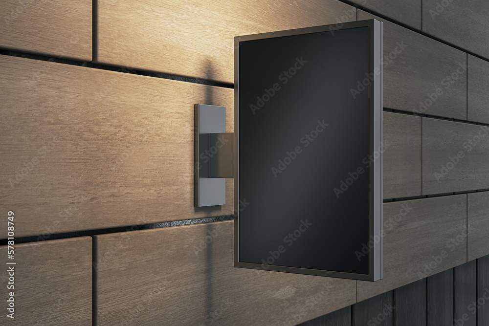 Perspective view on black vertical layout of street shop signboard with space for logo brand or campaign text on night wooden wall outdoor, advertising concept. 3D rendering, mockup Perspective view on black vertical layout of street shop signboard with space for logo brand or campaign text on night wooden wall outdoor, advertising concept. 3D rendering, mockup
