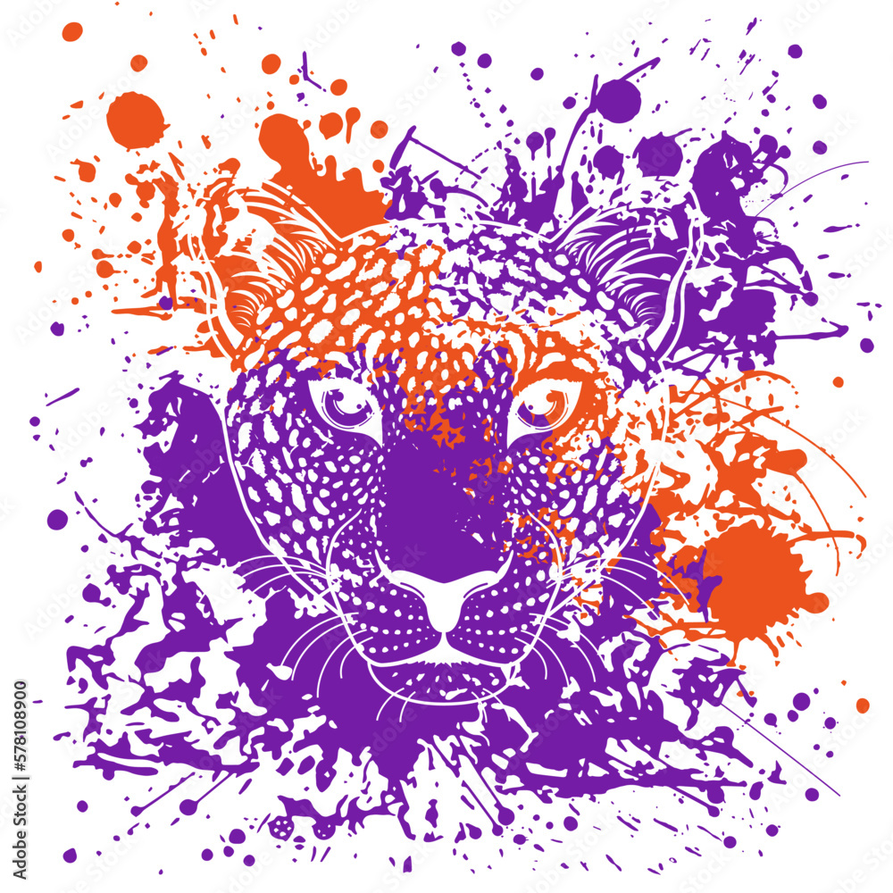 Obraz premium vector illustration of a leopard's face next to purple and orange spots.