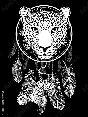 t-shirt design of a leopard head and a dream catcher isolated on black