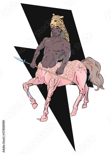 t-shirt design of an african centaur with a spear and leopard skin over the symbol of thunder. mythological character
