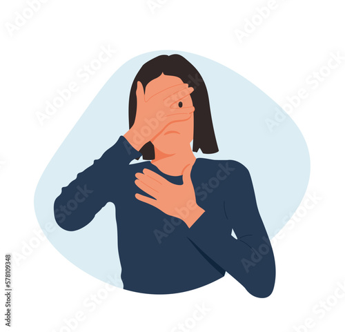 Afraid scared woman with shock expression on face vector illustration. Cartoon portrait of pretty nervous girl.