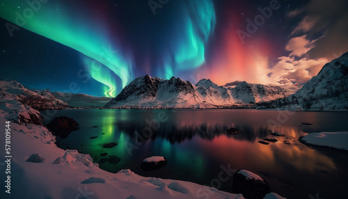 beautiful nature view lake with northern lights reflection .Generative AI