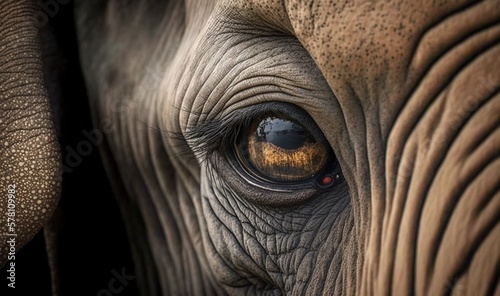  a close up of an elephant's eye with a black background.  generative ai © Olga