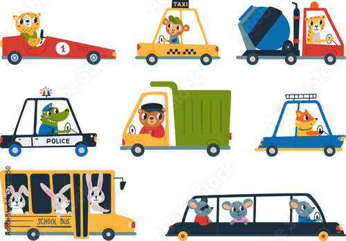 Funny cartoon animals drive cars trucks and bus. Pets driving, kids transport with animal clipart. Rabbit, fox and bear drivers, isolated baby classy vector set