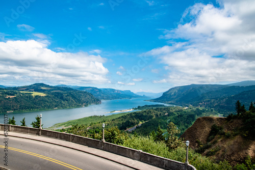 View of the Columbia River Gorge From High Vista House on a Sunny Day with Old Highway and Columbia River in View