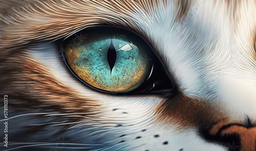  a close up of a cat's eye with blue and yellow eyes. generative ai