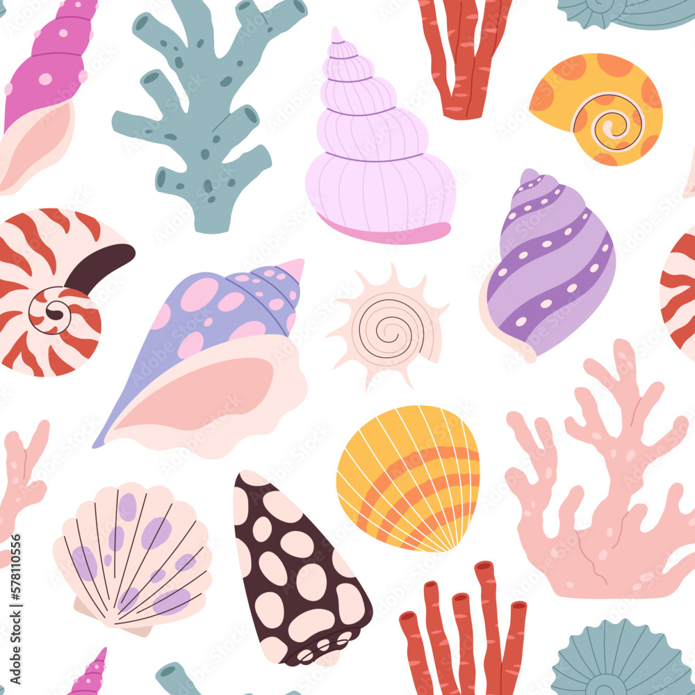 Seashell clams seamless pattern. Marina shell print, beautiful seashells cartoon style, corals and plants. Racy sea nature vector background