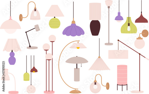 Home light collection, interior ceiling contemporary lamps. Lights design decor, modern electric chandelier. House retro lamp racy vector set