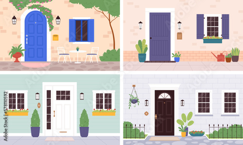 House entrance exterior, wooden doors and plants. Outside wall apartment, residential elegant entry. Flat home front door and windows racy vector scenes