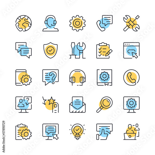 Technical support line icons. Set of tech support icons. Black, blue and yellow colors. Modern outline graphic design. Vector line icons set