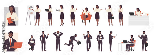 Cartoon isolated dark skin busy businessman businesswoman office outfit, corporate managers working and talking phone, running with briefcase and walking. Business people pose set vector illustration.