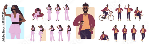 Cartoon stylish dark skin male female in fashionable clothes, sunglasses posing, lady walking, hipster riding bicycle with flowers in basket. Fashion people lifestyle poses set vector illustration