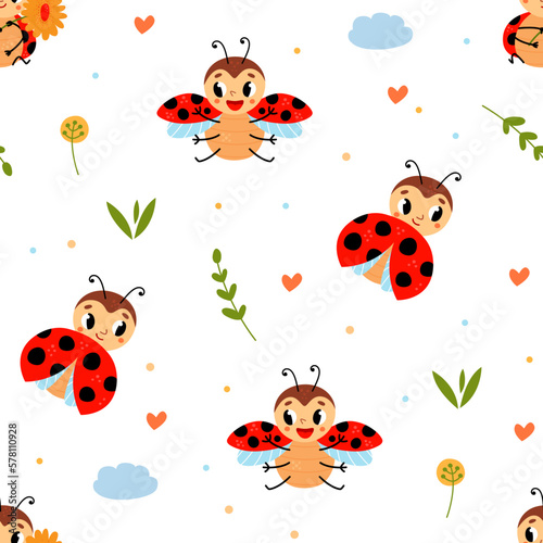 Ladybug seamless pattern. Cartoon ladybugs spring baby fabric print. Cute beetly, summer texture for nursery, wrapping, wallpaper. Classy vector graphic design © LadadikArt