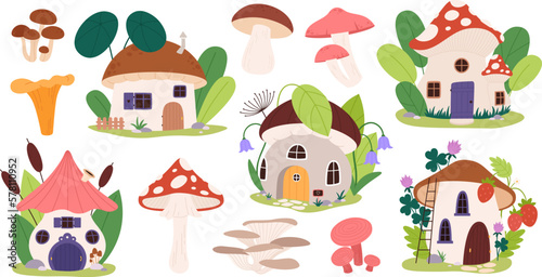 Fairytale mushroom houses, forest fairy home in plants and berries. Mushrooms isolated, cute magic dwarf buildings. Racy magic vector cartoon clipart