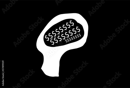 Simple design of human head with mind thinking and dreaming about money, wealth, abundance, and financial freedom.