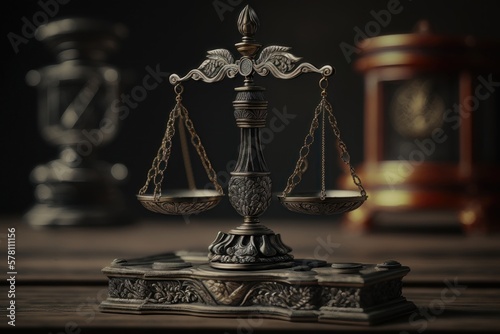 Decorative Scales of Justice on the table. AI Generation