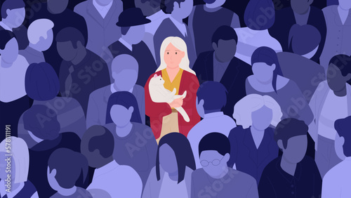 Lonely girl and crowd vector illustration. Cartoon sad woman standing with cat alone among group of people, depressed female adult character with helpless unhappy face and anxiety, burnout emotion