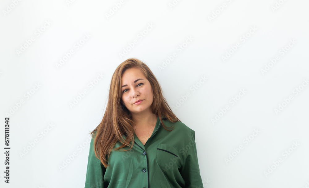 Fun minded woman wear pajama copy space rest relax spend time in living room lounge home in own room hotel wake up Fun minded woman wear pajama copy space rest relax spend time in living room lounge home in own room hotel wake up