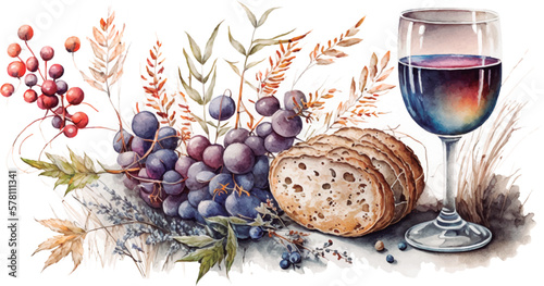 Valokuva Watercolor drawing centered on bread and a glass of wine
