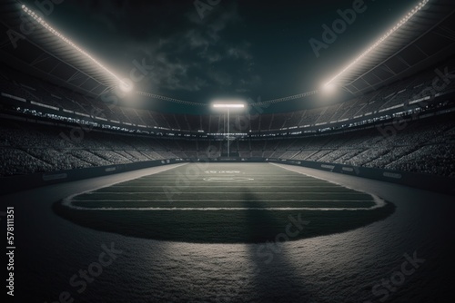 Dramatic professional football arena with green grass and rays of light. AI Generation