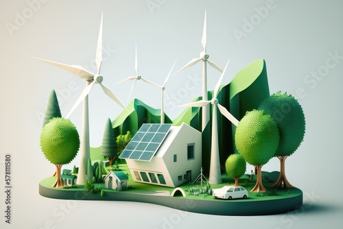 Green energy, sustainable industry with windmills and solar energy panels. AI Generation