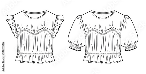 Vector short sleeved top with gathering details fashion CAD, woman cropped round neck blouse with frill details technical drawing, template, mock up, sketch. Blouse flat, front, back view, white color