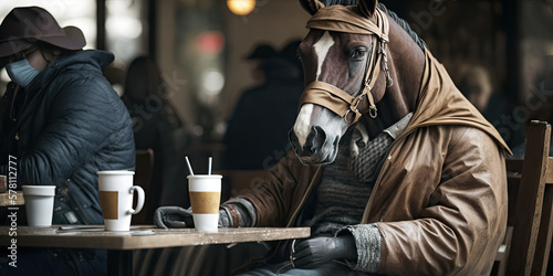 Portrait of a horse sitting at a cafe with a cup of coffee, generative ai	