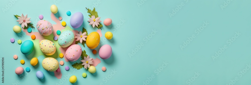 Floral Easter eggs composition banner, template header. 3d design elements. Spring break. Banner with copy space - Generative AI