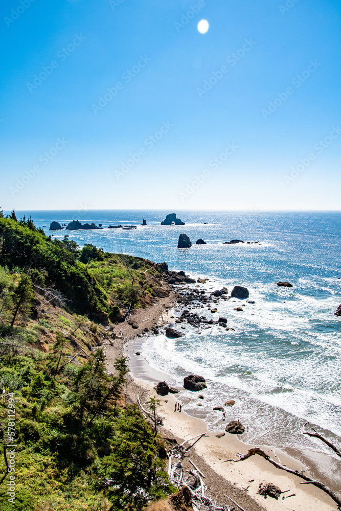 Rocky Coastline and Beach in Summer with Arch Rock at Indian Beach, Ecola State Park, Oregon Coast