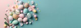 Floral Easter eggs composition banner, template header. 3d design elements. Spring break. Banner with copy space - Generative AI