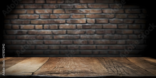 Emty Wood Table in front of vintage rustic dark Brick Wall, blur background