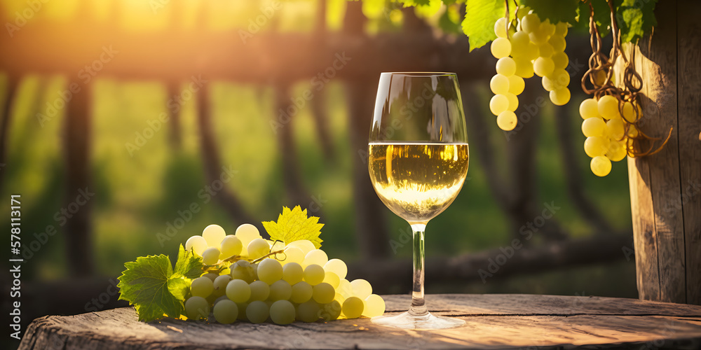White wine in a vineyard, on a old wooden barrel. Sunlight Summer Background. Generativ ai 