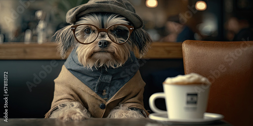 Portrait of a dog wearing glasses sitting at a cafe with a cup of coffee  generative ai 