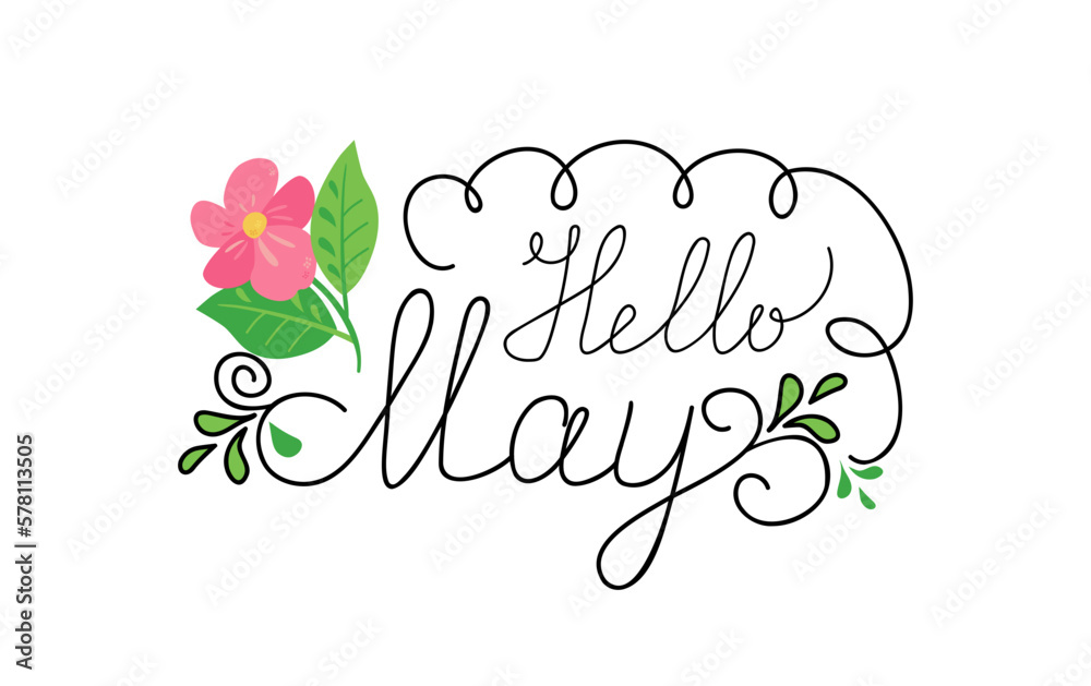 May, word. The slogan Hello May.  The month of spring. May conceptual text with leaves, flowers. Vector illustration of May handwritten text for poster, postcard, banner, template design. 
