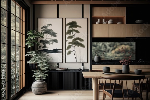 Modern Japandi interior design appartment in earth tones. AI Generation