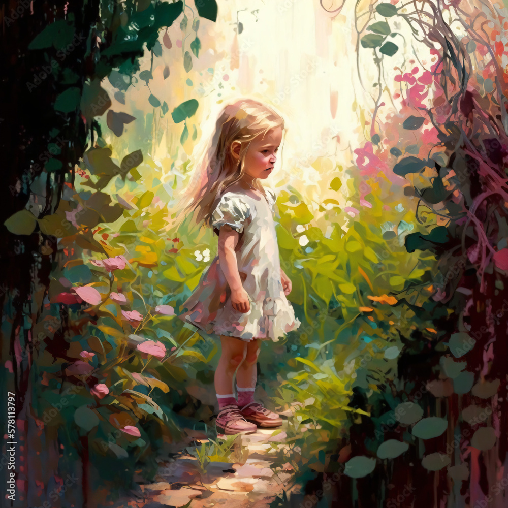 little girl playing in a garden full of plants and flowers oil painting ...