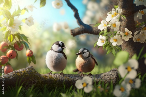 Funny little birds sit among the branches. AI generation © yuliachupina