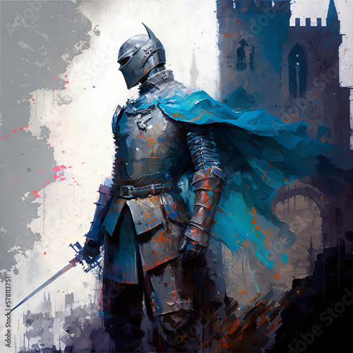 fantasy knight with horns in the helmet oil painting illustration Generative Ai